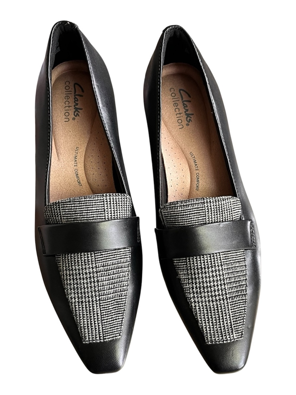 Clarks Black Loafers with Black & White Houndstooth Panel